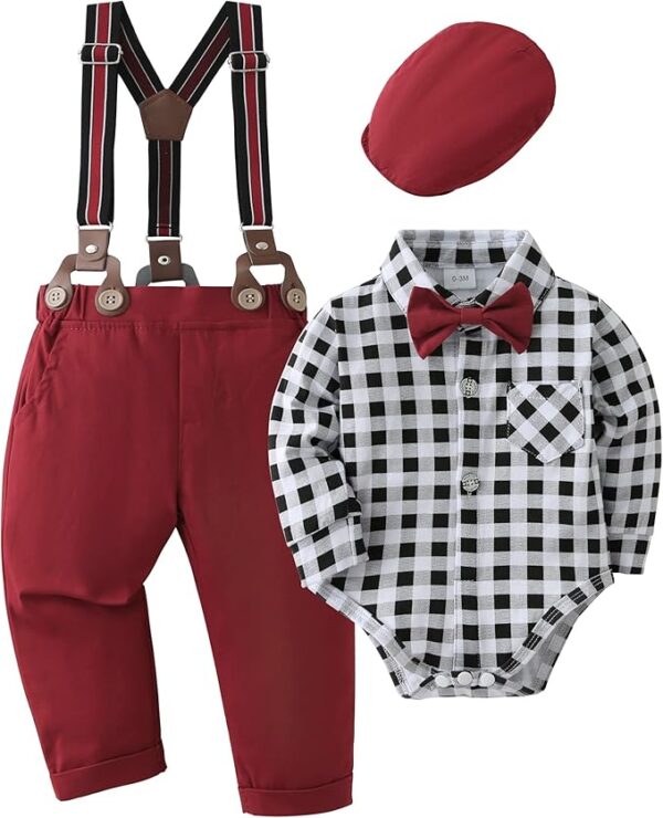 Baby Boy Gentleman Clothes Suit 0-18 Months Infant Formal Long Sleeve Tuxedo Romper Jumpsuit + Suspender Pants + Beret Hat 3pcs