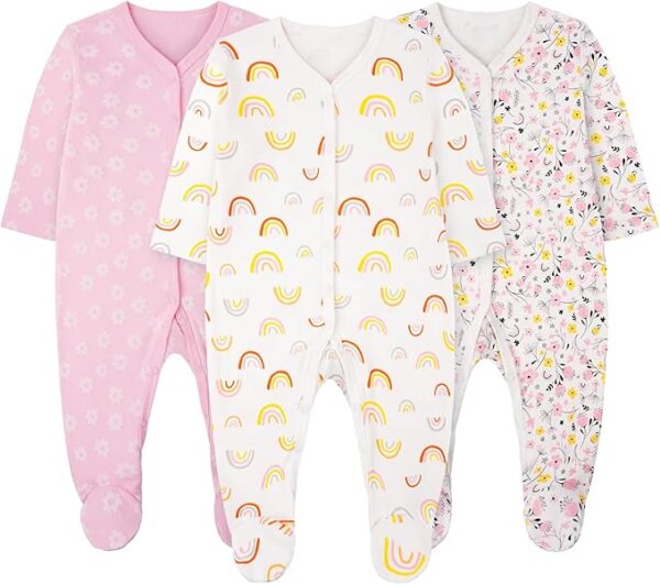Unisex Newborn Baby Growone-Piece, 3Pcs Snap Buttons Baby Sleepsuits, 100% Cotton Rompers Long Sleeve Boys Girls, Soft & Airy, Footless Babies Grows Sleepsuits for 0-3M/3-6M/6-9M/9-12M