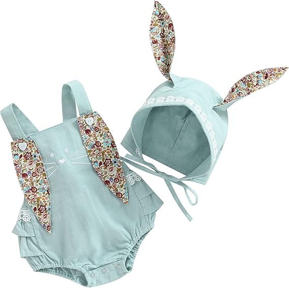 Loalirando Baby Girls Easter Outfits Cute Floral Rabbit Ear Bunny Tail Newborn Baby Girls Romper + Hat/Easter Baby Girl Dress Sister Mathing Clothes