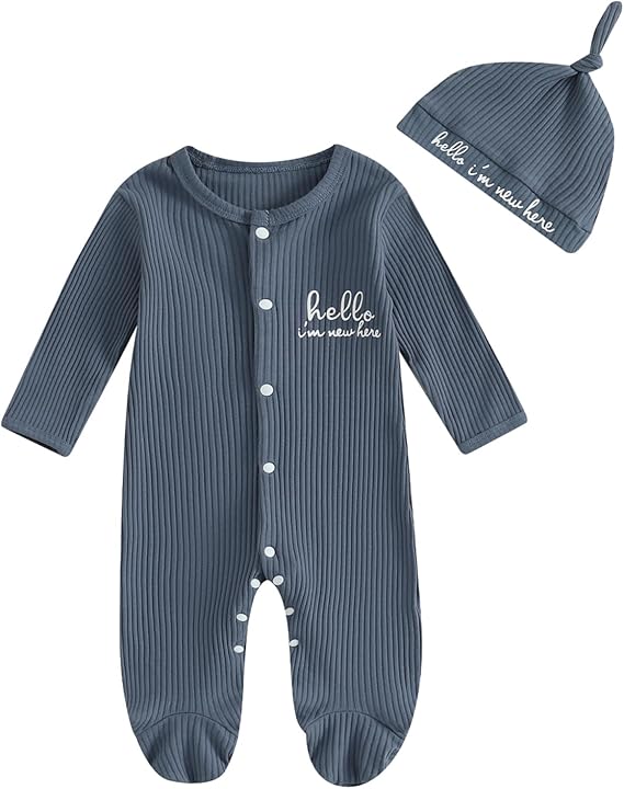 Geagodelia Hello Im New Here Newborn Boys Baby Grow with Mittens and Feet Long Sleeve Ribbed Romper Winter Clothes Coming Home Outfit with Hat